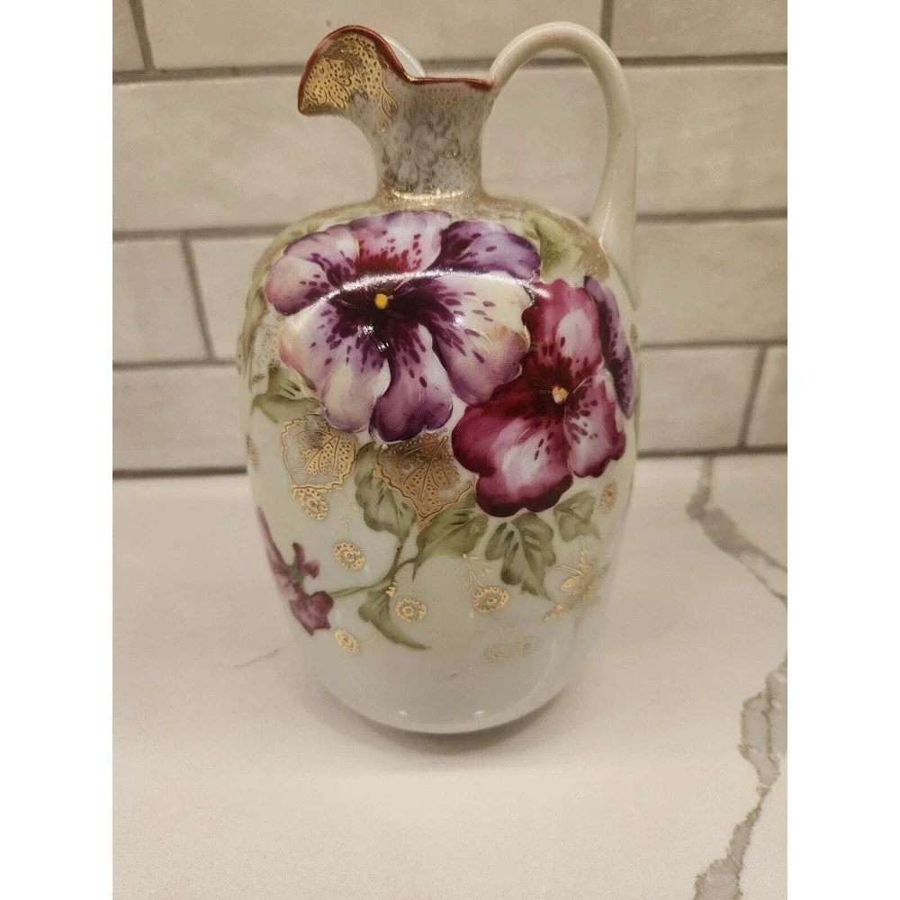 Vintage Hand Painted‎ Ceramic Pink Purple Floral Jug Ewer Gold Details Japan